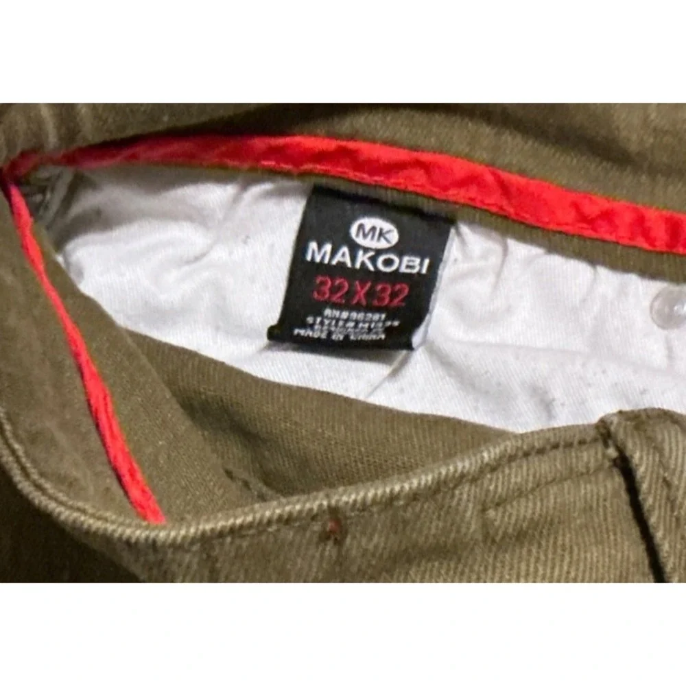 Makobi Mens 32 x 32 Moto Denim Pants Olive Green Distressed Zippers